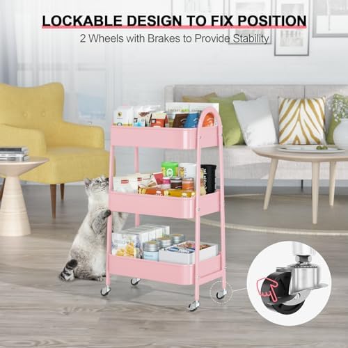 EAGMAK 3 Tier Utility Rolling Cart, Metal Storage Cart with Handle and Lockable Wheels, Multifunctional Storage Organizer Trolley with Mesh Baskets for Kitchen, Living Room, Office, Garage (Pink) - Image 4