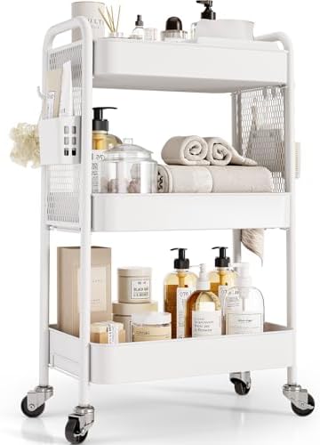 TOOLF 3 Tier Rolling Cart, Metal Utility Storage Cart with Pegboard, White | 2 Bins & 4 Hooks, Screwless Assembly, Lockable Wheels, Trolley Organizer for Bathroom, Kitchen, Office, Dorm, Craft Room by TOOLF