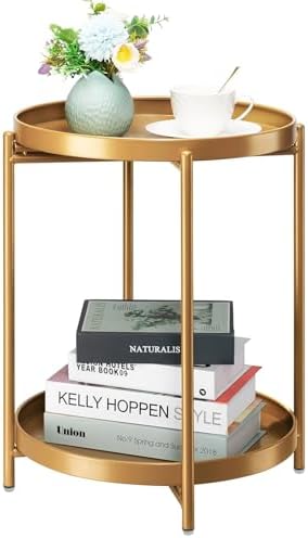 danpinera 2-Tier End Table, Outdoor Side Table Metal Round Side Table with Removable Tray, Small Folding Accent Table, Anti-Rust Nightstand for Bedroom Balcony Patio Living Room (Gold) by danpinera