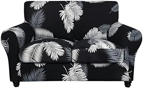 SearchI Stretch Sofa Cover Printed Couch Cover, Floral Pattern 3 Pieces Loveseat Slipcover with 2 Separate Cushion Cover, Washable Furniture Protector for Living Room(Loveseat, Black+Palm Leaves) by SearchI