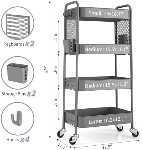 TOOLF 4 Tier Rolling Cart, Metal Utility Storage Cart with Pegboard, Grey | 2 Bins & 4 Hooks, Screwless Assembly, Lockable Wheels, Trolley Organizer for Bathroom, Kitchen, Office, Dorm, Craft Room - Image 7