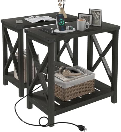 Hadulcet Farmhouse End Tables Living Room Set of 2 - Narrow Side Table with Charging Station, Slim Nightstand for Small Space, Skinny Bedside Table, Sofa Side Table with Storage Shelf, Black by Hadulcet