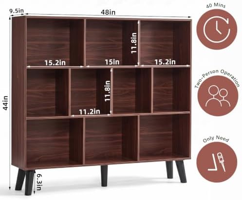YAHARBO 10 Cube Walnut Bookshelf,3 Tier Book Shelf with Legs,Modern Minimalist Bookcase,Open Book Shelves Storage Organizer,Frees Standing Wooden Display Bookcases for Small Space,Bedroom,Living Room - Image 2