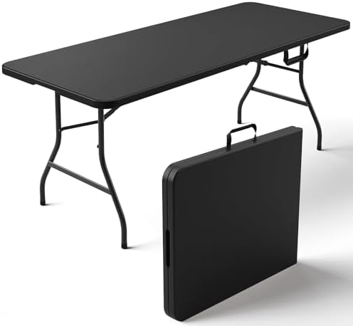 Folding Table 6FT Heavy Duty Plastic Table with Handle, Foldable&Portable, Fold-in-Half Utility Tables for Outdoor, Dining, Wedding, Events, Indoor, Picnic, Camping, Party, Black by FoldingFurniture