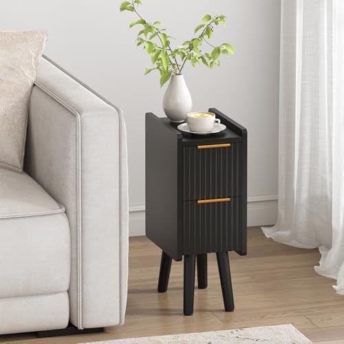 ELYKEN 7.9" Fluted Narrow Nightstand, 20.6" H Skinny Side Table, Black by ELYKEN