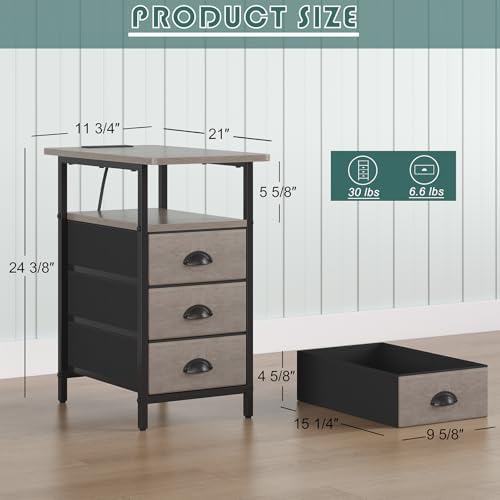 sthmec End Table with Charging Station,LED Side Tables with USB Ports and Outlets,Narrow Nightstands Bedside Tables with 3 Drawers for Small Space,Slim Sofa Table for Livingroom,Grey - Image 3