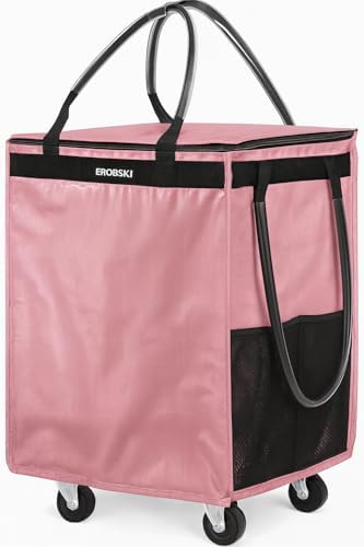 (Medium,Pink) Reusable Grocery Bag on Wheels, 70L Foldable Rolling Tote,Extra Storage for Shopping, Zipper Clouser Shopping Carts for Groceries,Trips, Laundry, Moving,4 Heavy Duty Wheels by EROBSKJ