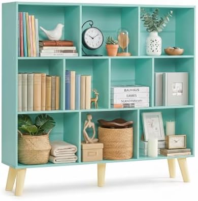 YAHARBO 10 Cube Bookshelf,3 Tier Bookcase with Legs,Green Mid-Century Modern Bookshelves,Large Free Standing Open Storage Organizer Shelf,Tall Wooden Book Case Furniture for Bedroom,Living Room,Office by YAHARBO