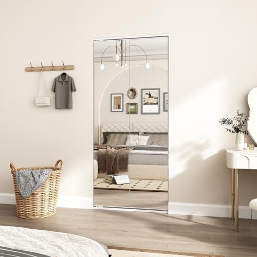 JUBEST Bi Fold Mirror Closet Door with White Steel Frame, Bifolding Mirrored Doors for 36in. x 81in. Door Opening, Hardwares Include, Easy to Install by JUBEST