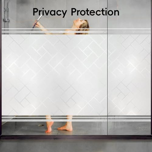 Frosted Glass Window Film Sun Blocking Window Tinting Film for Home, Static Clings Removable Frosting Bathroom Door Window Covering, 17.5 inch x 157.4 inch, White-Grid - Image 2