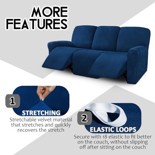 ULTICOR Velvet 8-Pieces Recliner Sofa Covers Stretch Reclining Couch Covers for 3 Cushion Reclining Sofa Slipcovers Furniture Covers Thick Soft Washable (3 Seater Recliner Cover, Navy) - Image 4