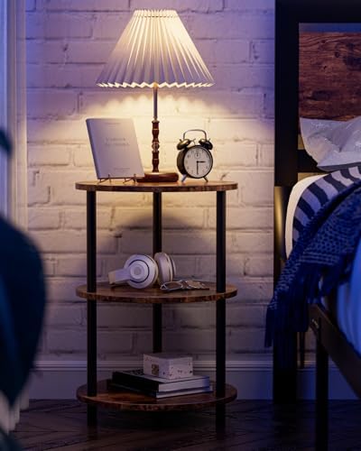 XBurmo Small Round Coffee Table - 3 Tier Design Accent Table, Narrow Side or Bedside Stand, Industrial Vintage Nightstand for Bedroom, Living Room, or Small Spaces, Rustic Brown - Image 6