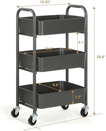 SunnyPoint 3-Tier Delicate Compact Rolling Metal Storage Organizer - Mobile Utility Cart Kitchen/Under Desk Cart with Caster Wheels (Gray, 15.35" X 10.24" X 26.8"H) - Image 3