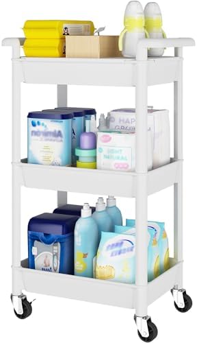 Steehoom 3-Tier Utility Rolling Cart with Cover Top Board, Mobile Utility Cart with Lockable Casters Multi-Functional Storage Trolley for Office, Bathroom, Kitchen, Garden, Laundry Room (White) by Steehoom