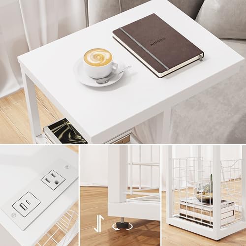 Vagusicc C Shaped End Table with Charging Station, Side Table for Couch, Small Side End Table for Small Spaces, 28" High Slide Under Sofa Table for Coffee, Tv Tray Table for Living Room, White - Image 4