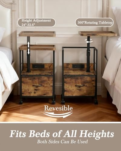 Faesun Swivel Lift Top Nightstand with Charging Station, Rolling Night Stand with Fabric Drawer, Adjustable Bedside Table for Bedroom, Living Room, Brown, Pro - Image 4