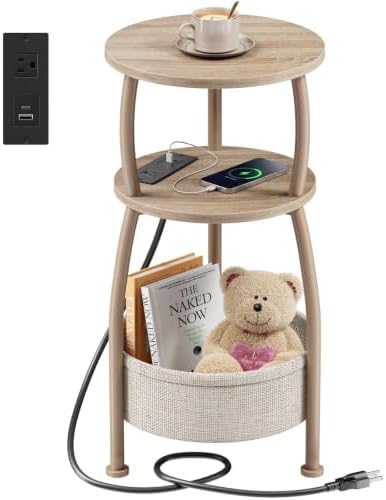 Side Table with Charging Station, Small Round End Table with Basket by designyourhome
