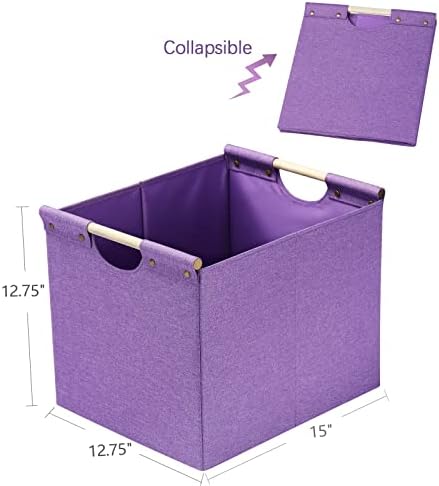 HOONEX Large Foldable Storage Bins, Linen Fabric, Pack of 2, Storage Baskets with Wooden Carry Handles and Sturdy Heavy Cardboard, for Home, Office, Car, Nursery, Purple - Image 6