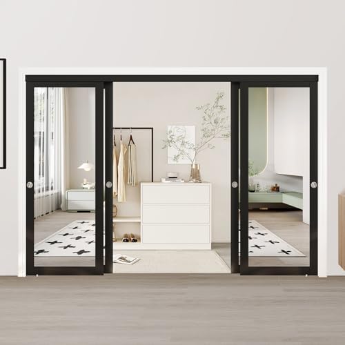 JUBEST 120" x 80" Mirror Closet Door, Preassembled One Side Mirror Door with Hardware Kit & Matching Fascia, Solid Wood Frame with Water-Proof PVC Surface, Easy to Install, Black by JUBEST
