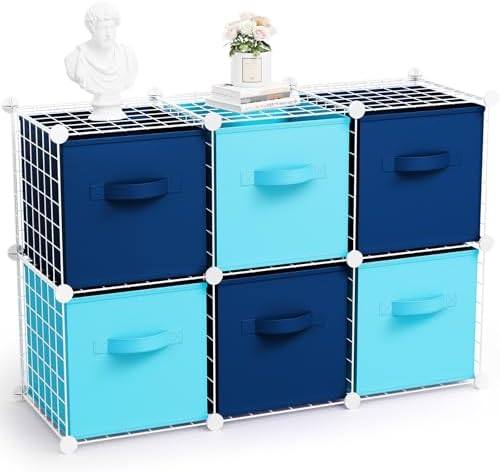 Leinuosen 6 Cube Storage Organizer with 6 Foldable Fabric Storage Bins, Metal Wire Grid Shelves, Stackable Modular Closet Organizer for Bedroom Living Room Office Toys Books(White,Blue) by Leinuosen