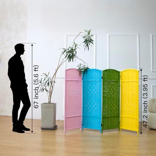 Furnnylane 4 Panel Rattan Divider Short Room Partition Screen,Double Sided Folding Divider for Room Separation,Colorful,47.2" H x 63" W - Image 2