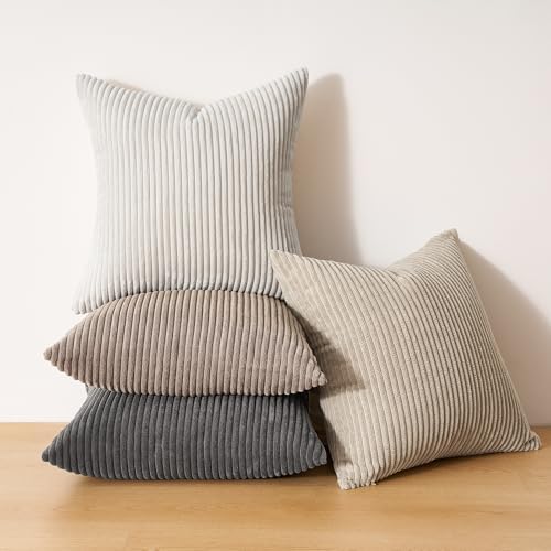 Topfinel 4 Packs Natural Decorative Throw Pillows Covers 16x16 Inch for Living Room Couch Bed Sofa, Rustic Farmhouse Boho Neutral Home Decor, Soft Plush Striped Corduroy Square Cushion Case 40x40 cm - Image 7