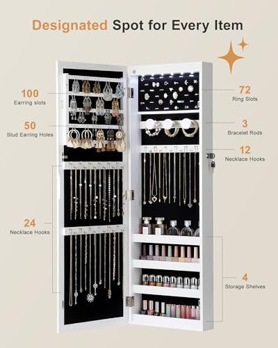 Nicetree 6 LEDs Jewelry Armoire, Hanging Mirror Jewelry Cabinet, White - Image 3