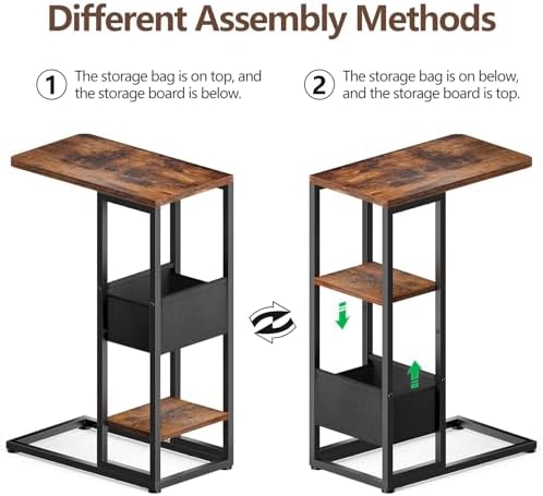 C Shaped End Table, Small Side Table for Couch, Recliner, Slide Under Sofa Tray Desk Snack Tables with Storage Bag for Living Room,Bedroom, Small Spaces - Rustic Brown - Image 5