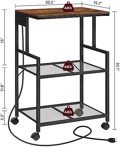MAHANCRIS Mobile Printer Stand, 3-Tier Industrial Printer Cart with Power Outlets and 2 USB Ports, Rolling Printer Table on Wheels for Home Offices Kitchen Organization Rack, Rustic Brown PTHR78E01 - Image 5