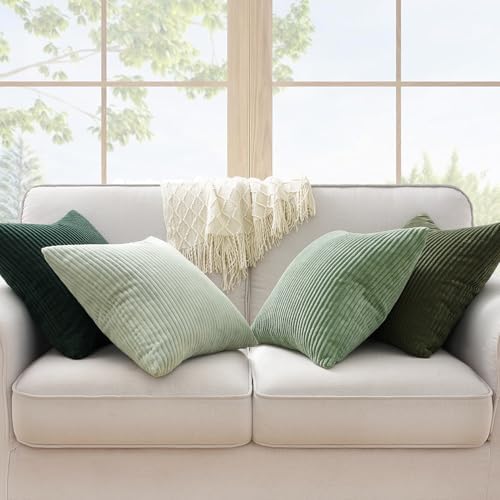 Topfinel LightGreen Boho CouchDecorative Throw Pillows Covers 18x18 Inch Set of 4,Olive Emerald Green Corduroy Soft Cushion Case,Rustic Fun Living Room Decor Green Gradient Cushion Covers(45×45cm) - Image 5