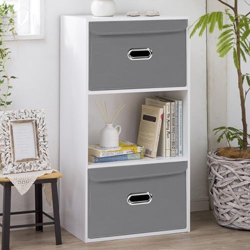 Linen Fabric Foldable Collapsible Storage Cube Bin Organizer Basket with Lid, Leather Handles, Removable Divider for Home, Closet (Grey, 3Pcs) - Image 5