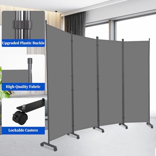 Room Divider 6FT 4 Panel Folding Privacy Screen with Lockable Wheels,Grey - Image 3