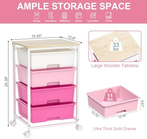 SYKIARIOL Rolling Cart with Drawers, 4-Drawer Utility Cart, Pink - Image 3