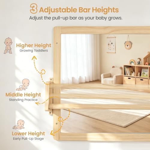 Montessori Mirror with Pull Up Bar, Large 38.2 x 23.6 in Natural Wood & Shatter-Resistant Acrylic Baby Mirror for Tummy Time, Horizontal/Vertical Floor Use, Wall Mounting and Pull-to-Stand - Image 4