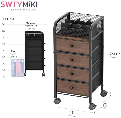 SWTYMIKI Rolling Makeup Organizer Cart - Under Desk Vanity Makeup Storage with 4 Non-woven Drawers, Nail Cart Organizer Cosmetic Display Cases Cabinet for Skin Care Perfume Nail Polish Brush Hair Tool - Image 2