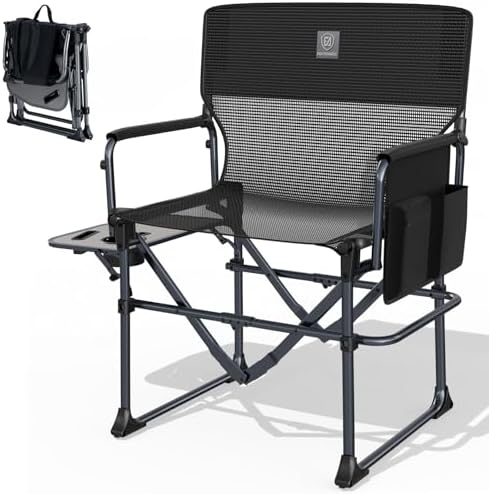 EVER ADVANCED Camping Directors' Chair with Side Table, Portable Folding with Compact Size, Breathable & Quick Dry Design Heavy Duty Lawn Chair with Pocket, 400lbs, Textilene Mesh, Black by EVERADVANCED