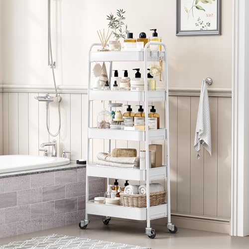 TOOLF 5-Tier Metal Rolling Cart with Wheels, Storage Utility Organizer Cart for Kitchen, Bathroom, Office, Baby Essentials & Makeup - Lockable Casters, Easy Assembly, Large Capacity, White - Image 3