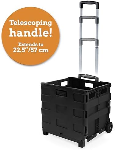 Inspired Living Ultra-Slim Rolling Collapsible Storage Pack-N-Roll Utility-carts, with Telescopic Handle, for Home, Garden, Shopping, Office, School use, Medium, Black - Image 4