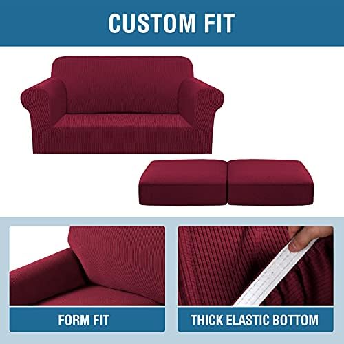 H.VERSAILTEX 3 Piece Stretch Sofa Covers for 2 Cushion Loveseat Couch Covers for Living Room Furniture Cover (Base Cover Plus 2 Seat Cushion Covers) Thicker Jacquard Fabric(Medium Sofa, Burgundy) - Image 4