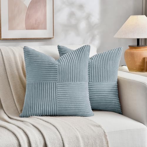 Fancy Homi Set of 2 Light Blue Samll Decorative Throw Pillow Covers 12x12 Inch with for Couch Bed Sofa Living Room, Soft Cross Patchwork Striped Corduroy Coastal Blue Square Cushion Case 30 cm - Image 5