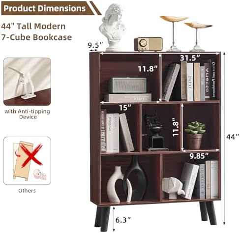 LEYAOYAO Cube Bookshelf, Mid-Century Modern Book Shelf with Legs, Walnut - Image 2