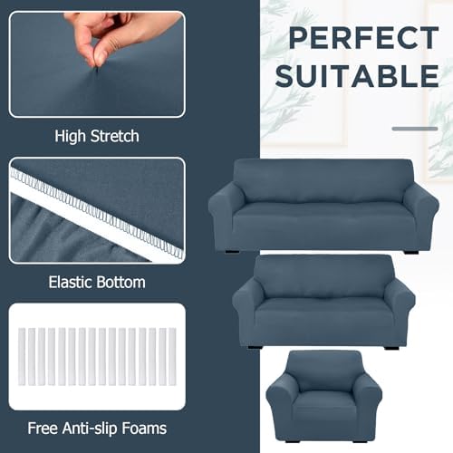 Peryiter 3 Pcs Couch and Loveseat Sofa Covers, Bluestone, Milk Silk - Image 4