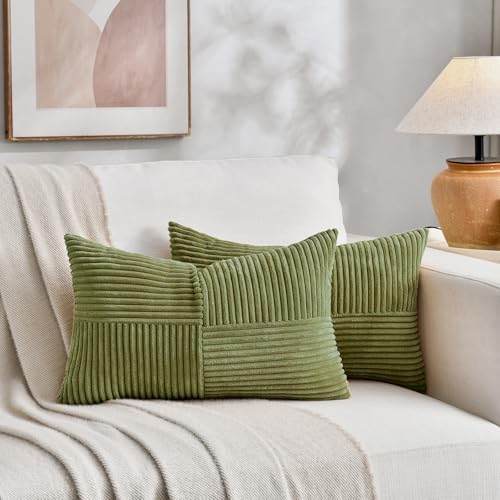 Fancy Homi 2 Packs Moss Green Lumbar Decorative Throw Pillow Covers 12x20 Inch for Living Room Couch Bed, Rustic Farmhouse Boho Home Decor, Soft Striped Corduroy Rectangle Accent Cushion Case 30x50 cm - Image 5
