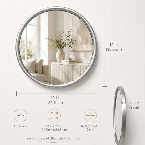 12 Inch Round Glass Mirror Set of 2, Sliver Metal Framed Decorative Mirror for Wall, Non-Distortion Small Rounded Wall Mirror for Entryway, Bathroom, Office - Image 2