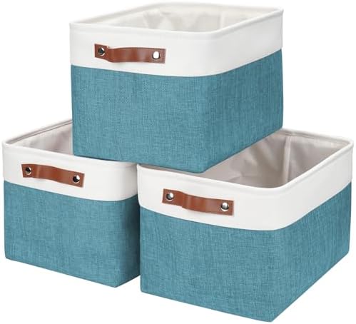 Bagnizer Storage Bins Large Fabric Storage Baskets for Shelves 3 Pack, Decorative Linen Closet Baskets with Handles for Organizing, Shelf, Clothes, Home, Office, 15x11x9.5Inches (Teal&White) by Bagnizer