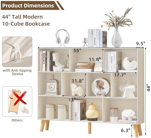 LEYAOYAO 10 Cube Bookshelf,Mid-Century Modern Bookcase with Legs,Light Grey - Image 2