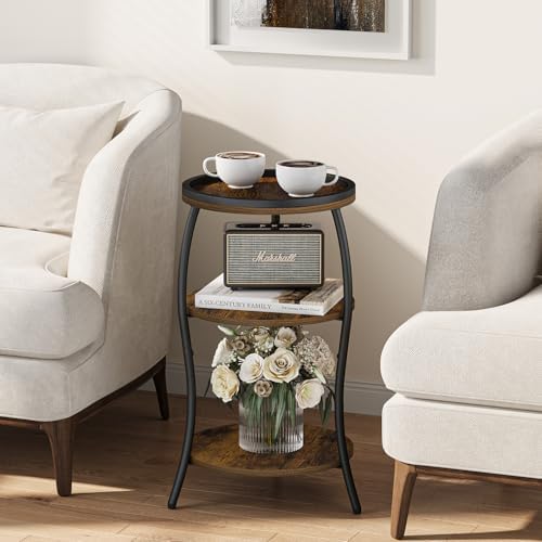 YINMIT 3 Tier Small Round Side Table, Brown Compact End Table with Tray Top - Image 4