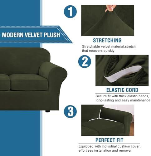 H.VERSAILTEX Real Velvet Plush 3 Piece Stretch Sofa Covers Couch Covers for 2 Cushion Couch Sofa Slipcovers Width Up to 90 Inch Feature Thick Soft Stay in Place (Sofa, Olive) - Image 3