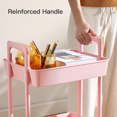 Pipishell 3 Tier Rolling Cart Organizer, Plastic Rolling Cart with Lockable Wheels & Reinforced Handle, Lightweight Utility Storage Cart for Nursery, Kitchen, Craft Room, Pink - Image 5