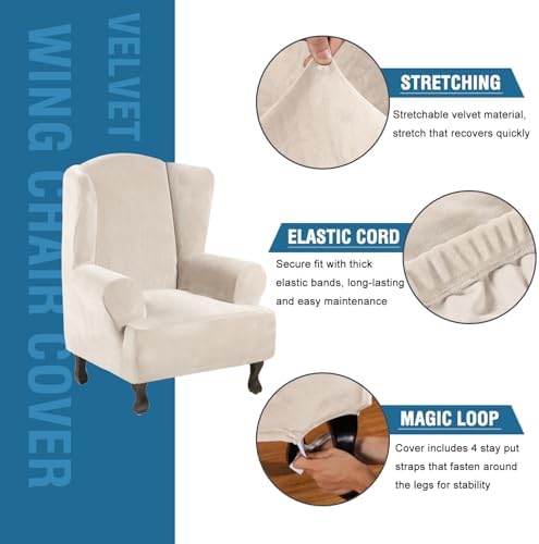 H.VERSAILTEX Wingback Chair Covers Polyester Spandex Plush Wing Chair Slipcover 1 Piece High Stretch Wing Back Chair Slipcovers Sofa Cover Furniture Cover with Elastic Bottom, Cream - Image 2